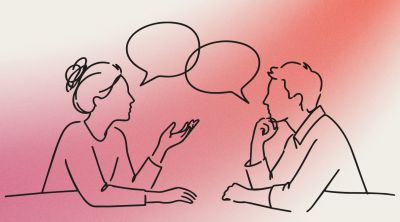 Illustration of two people in conversation, with speech bubbles above a table