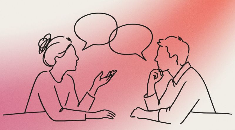 Illustration von zwei Personen im Gespräch, mit Sprechblasen über einem Tisch