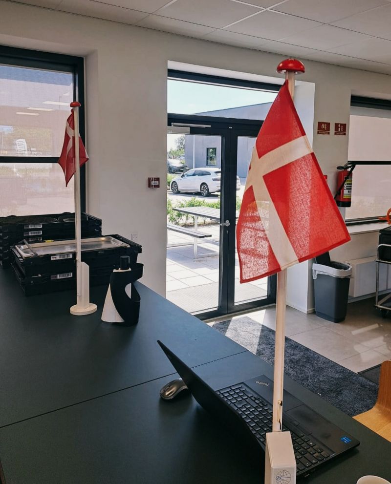 Danish table flags at the reception of the Steffca site, looking toward the entrance