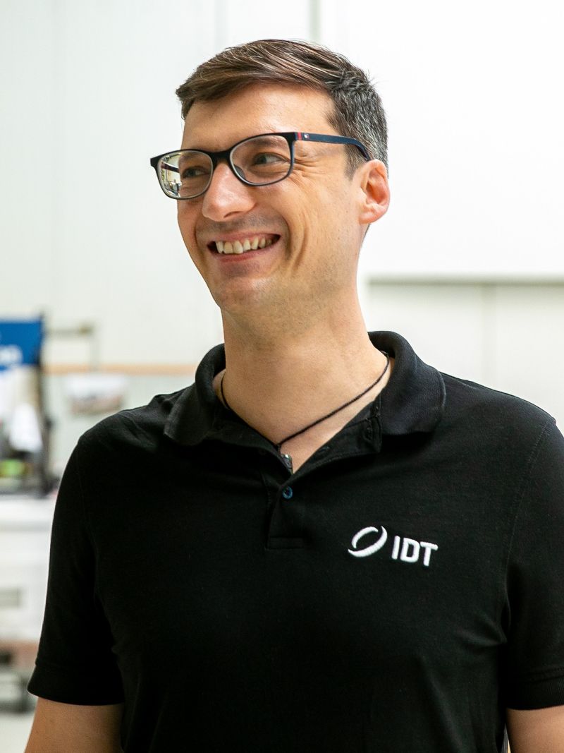 Matthias Muehl, responsible for international business development at IDT, in the production hall.