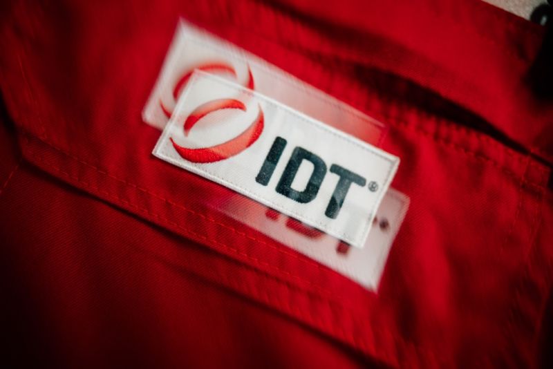 IDT logo patch on red workwear